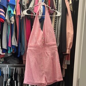 SHEIN Pink Textured Halter Romper with Pearl Buttons
